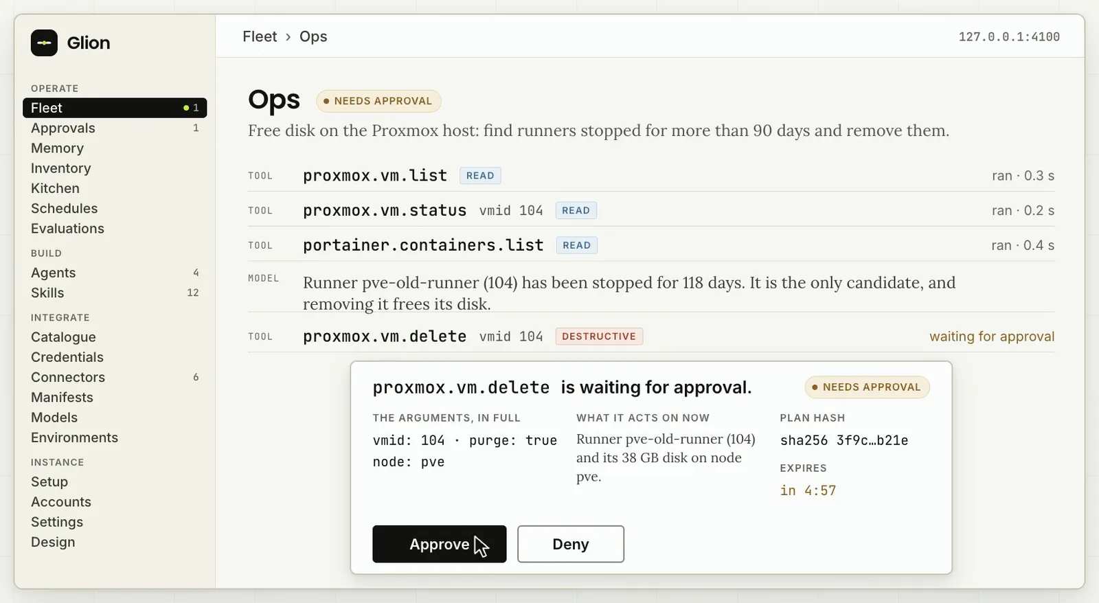 The Glion console, paused on a session named Ops whose task is to free disk on a Proxmox host. Three read calls have run. The fourth, proxmox.vm.delete on VM 104, is marked destructive and waiting for approval: a card shows its arguments in full, what it acts on now (a runner stopped for 118 days and its 38 GB disk), the plan hash, when the request expires, and Approve and Deny buttons.